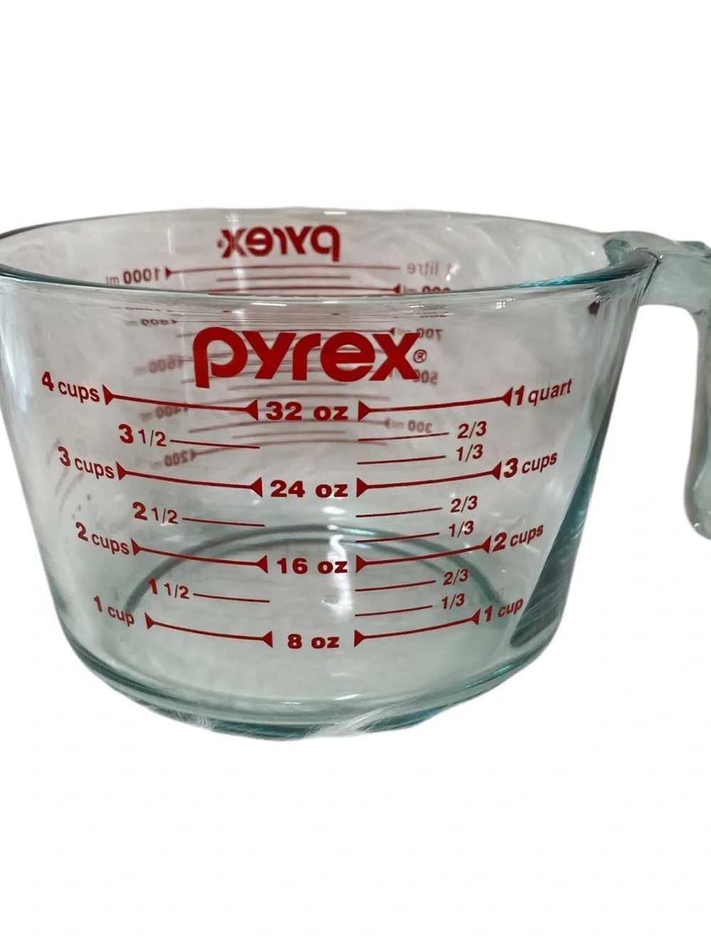 Vintage PYREX 4 Cup 1 Quart 1 Litre Red Lettering Glass Measuring Cup USA